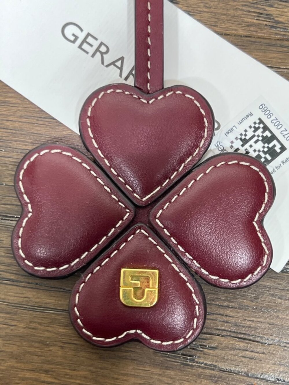 GERARD DAREL Leather Bag Charm Key Ring 4 Leaf Clover Bordeaux Brown NWT - Picture 4 of 6